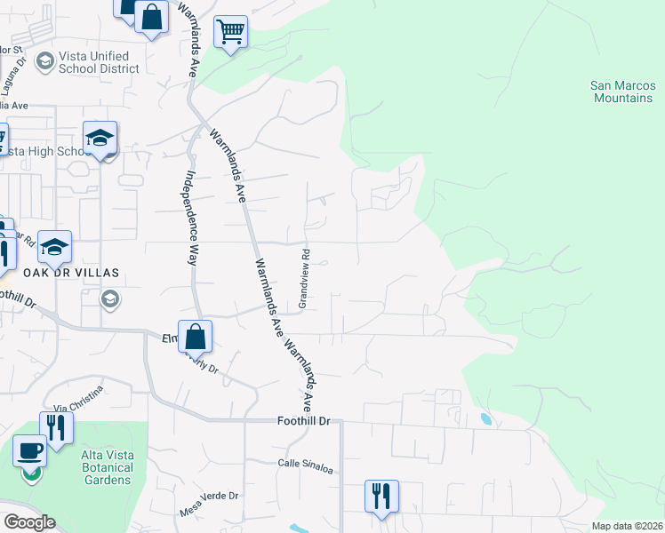 map of restaurants, bars, coffee shops, grocery stores, and more near 1921 Odell Circle in Vista