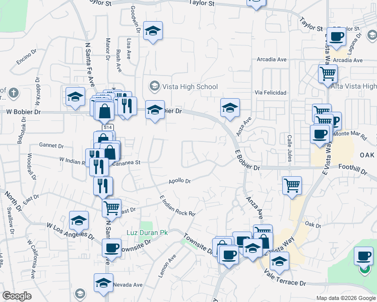 map of restaurants, bars, coffee shops, grocery stores, and more near 1329 Clear Crest Circle in Vista
