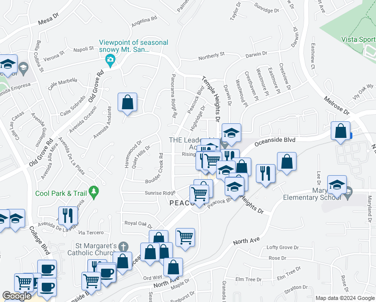 map of restaurants, bars, coffee shops, grocery stores, and more near 4732 Rising Glen Drive in Oceanside