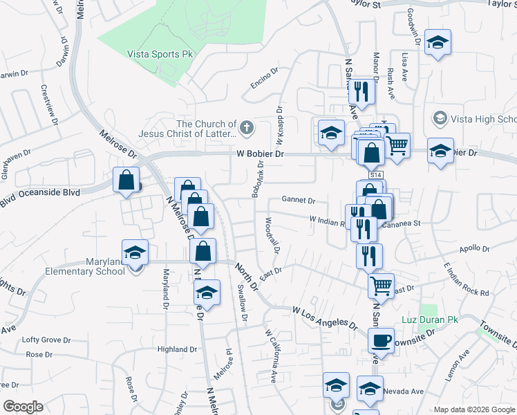 map of restaurants, bars, coffee shops, grocery stores, and more near 1259 Bobolink Drive in Vista