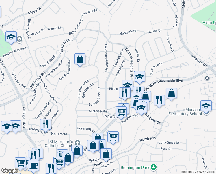 map of restaurants, bars, coffee shops, grocery stores, and more near 1554 Peacock Boulevard in Oceanside