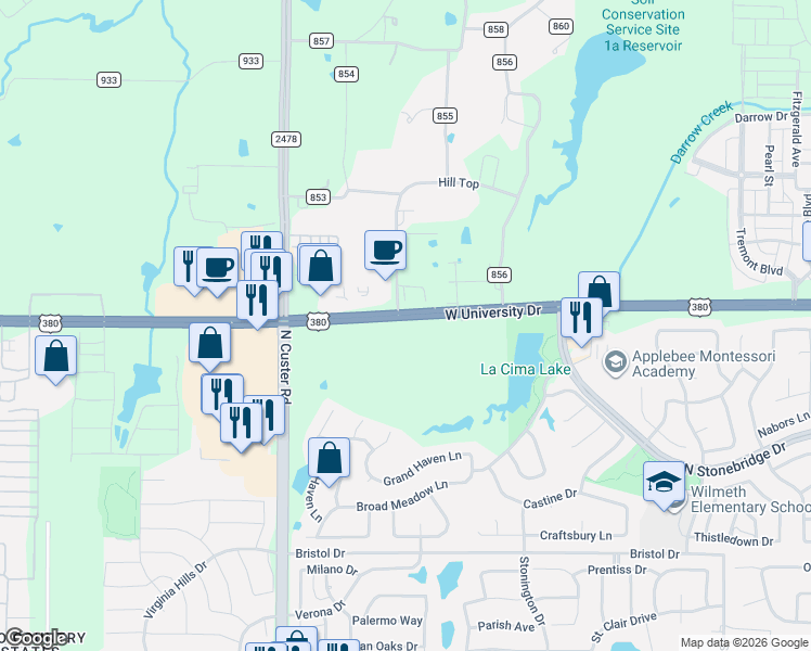 map of restaurants, bars, coffee shops, grocery stores, and more near 8550 West University Drive in McKinney