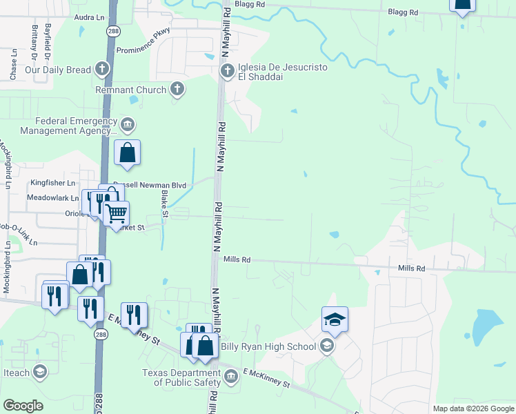 map of restaurants, bars, coffee shops, grocery stores, and more near 506 North Mayhill Road in Denton