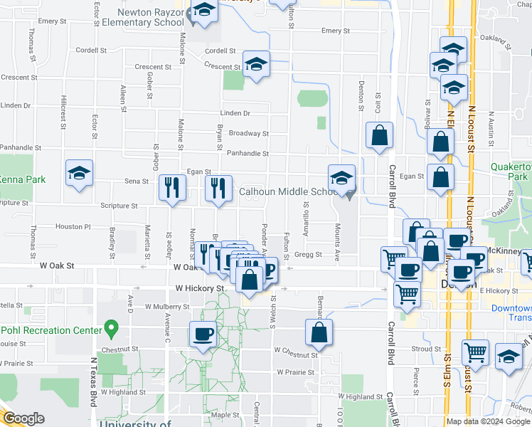 map of restaurants, bars, coffee shops, grocery stores, and more near 1117 West Congress Street in Denton