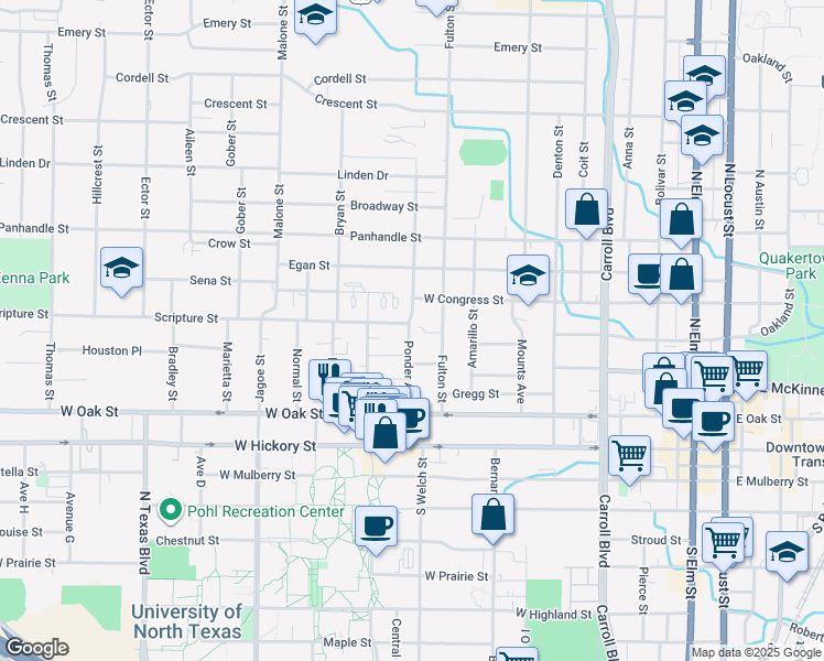map of restaurants, bars, coffee shops, grocery stores, and more near 1117 West Congress Street in Denton