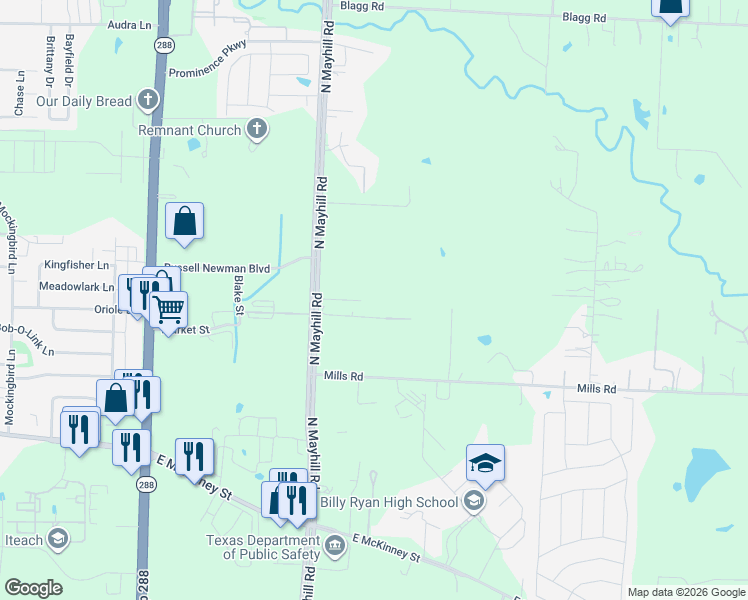 map of restaurants, bars, coffee shops, grocery stores, and more near 506 North Mayhill Road in Denton