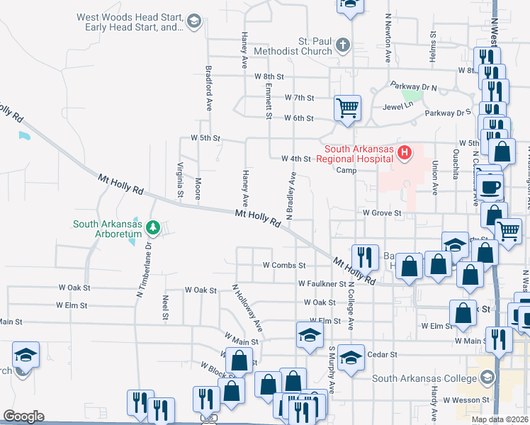 map of restaurants, bars, coffee shops, grocery stores, and more near 800-924 North Bradley Avenue in El Dorado