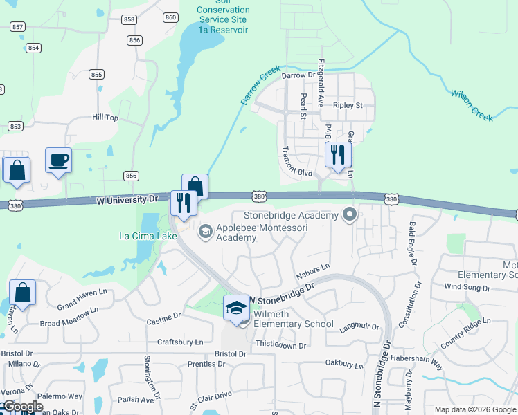 map of restaurants, bars, coffee shops, grocery stores, and more near 7600 West University Drive in McKinney