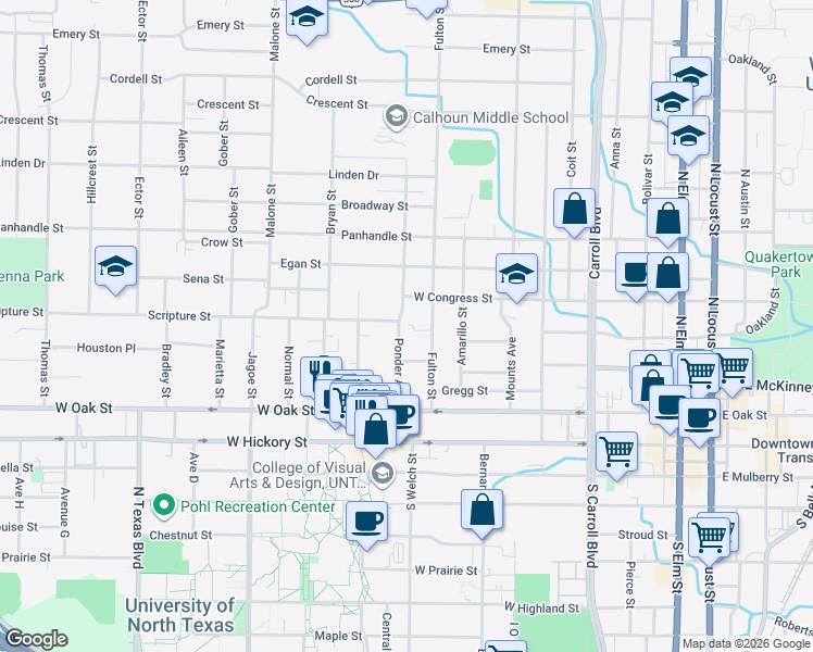 map of restaurants, bars, coffee shops, grocery stores, and more near 425 Fulton Street in Denton