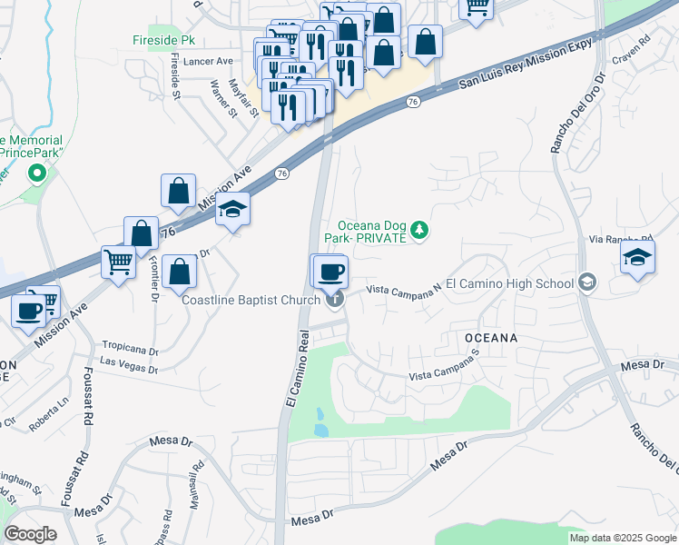 map of restaurants, bars, coffee shops, grocery stores, and more near 3615 Vista Bella in Oceanside