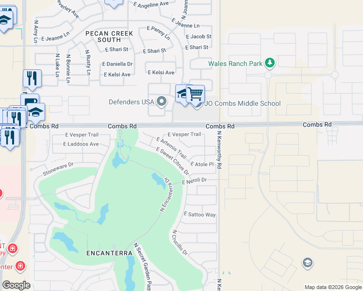 map of restaurants, bars, coffee shops, grocery stores, and more near 1549 East Luminous Lane in Queen Creek