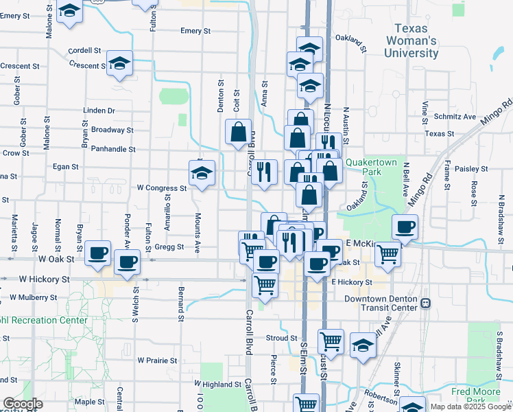 map of restaurants, bars, coffee shops, grocery stores, and more near 413 West Congress Street in Denton