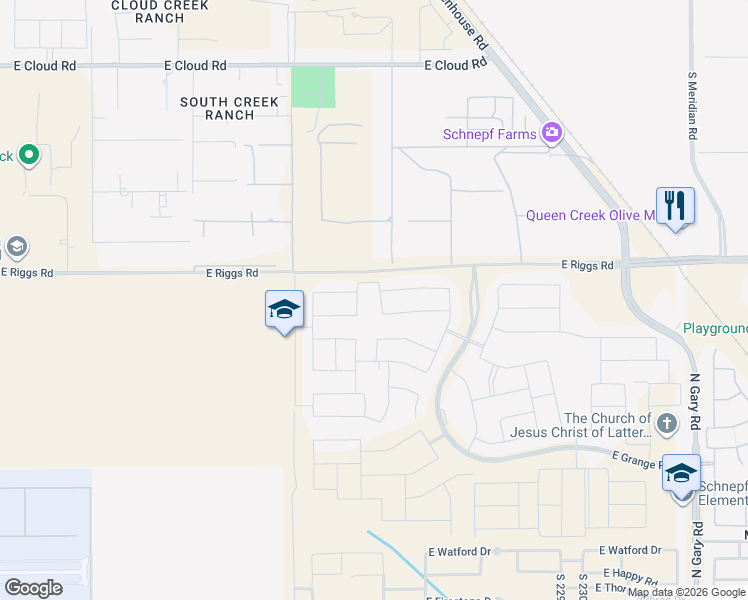 map of restaurants, bars, coffee shops, grocery stores, and more near 25284 South 225th Way in Queen Creek