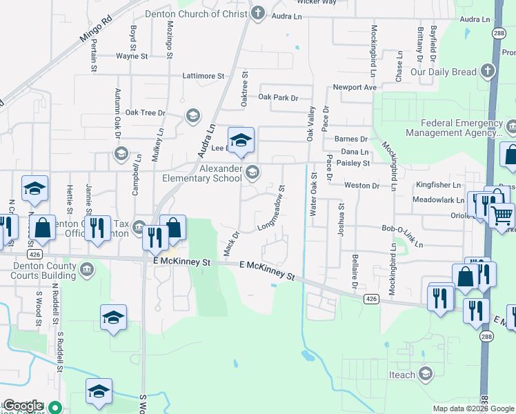 map of restaurants, bars, coffee shops, grocery stores, and more near 2108 Double Oak Street in Denton