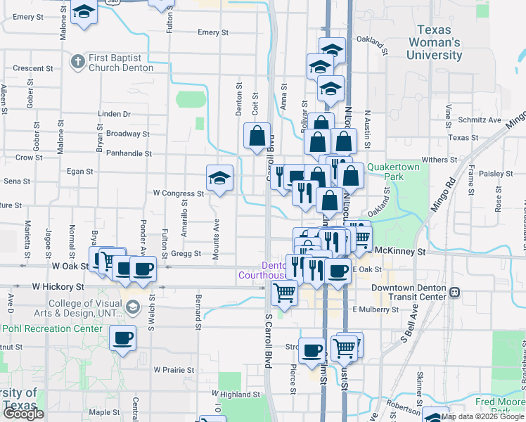 map of restaurants, bars, coffee shops, grocery stores, and more near 413 West Congress Street in Denton