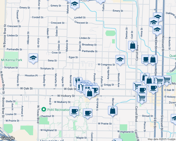 map of restaurants, bars, coffee shops, grocery stores, and more near 1310 Scripture Street in Denton