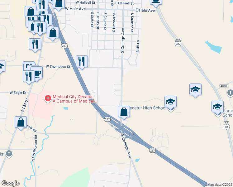 map of restaurants, bars, coffee shops, grocery stores, and more near 1906 South College Avenue in Decatur