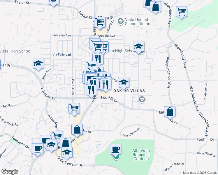 map of restaurants, bars, coffee shops, grocery stores, and more near 1101 Monte Mar Road in Vista