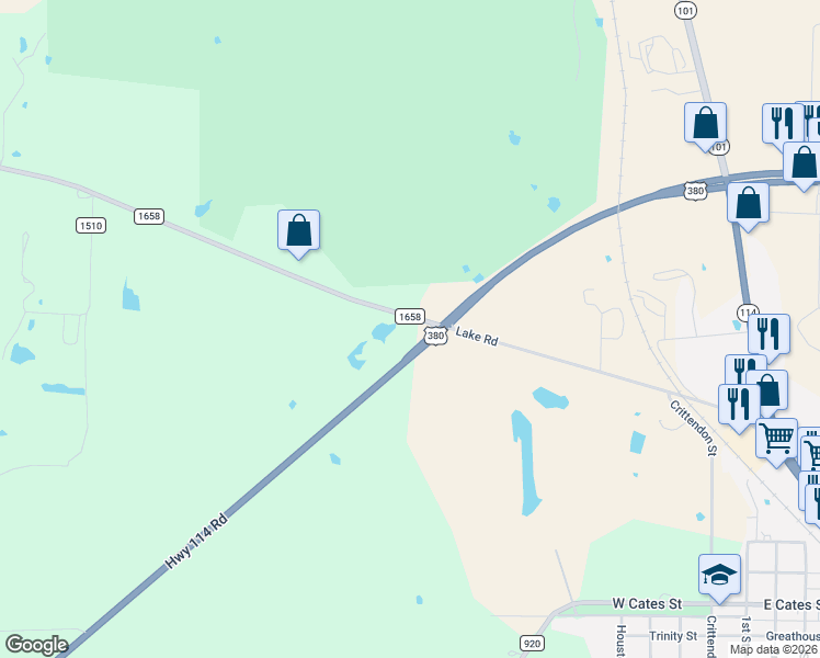 map of restaurants, bars, coffee shops, grocery stores, and more near 112 U.S. 380 in Bridgeport