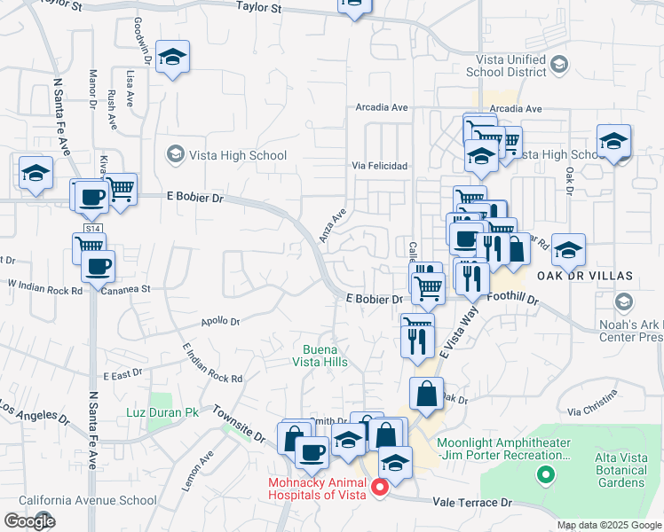 map of restaurants, bars, coffee shops, grocery stores, and more near 760 East Bobier Drive in Vista