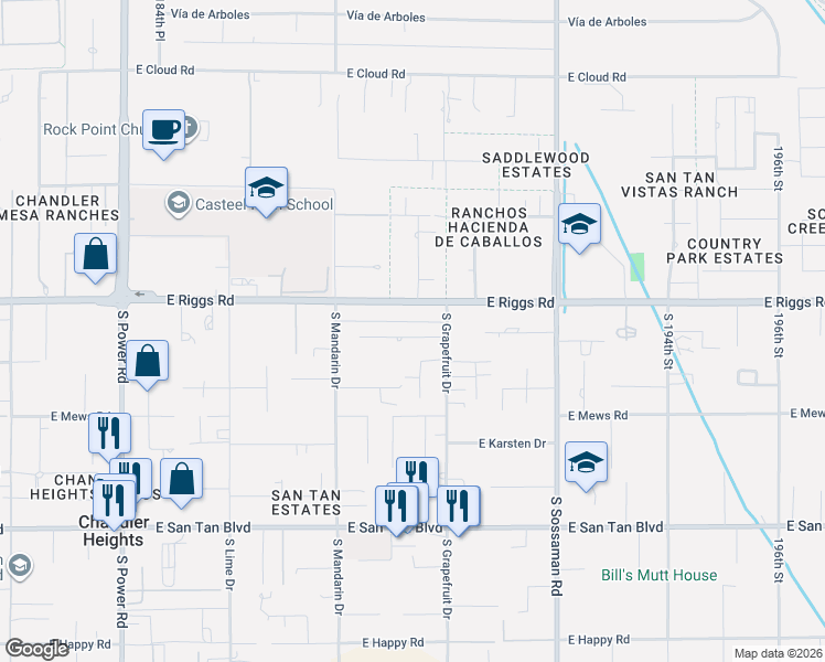 map of restaurants, bars, coffee shops, grocery stores, and more near 25190 South 190th Street in Queen Creek