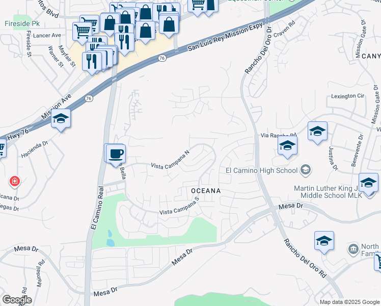 map of restaurants, bars, coffee shops, grocery stores, and more near 3890 Vista Campana North in Oceanside