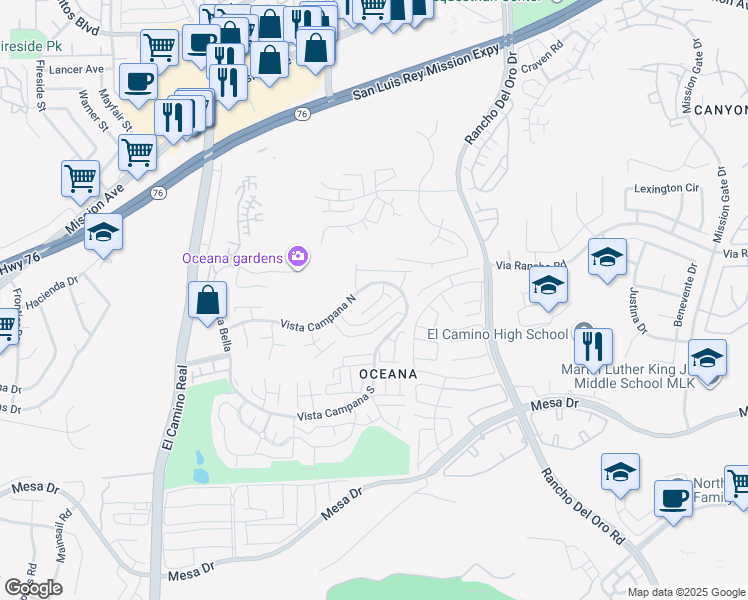 map of restaurants, bars, coffee shops, grocery stores, and more near 3890 Vista Campana South in Oceanside