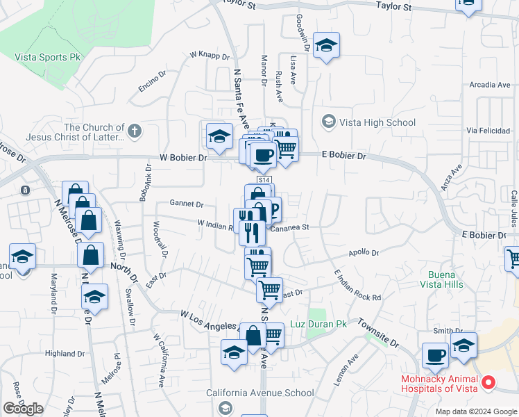 map of restaurants, bars, coffee shops, grocery stores, and more near 1338 North Santa Fe Avenue in Vista