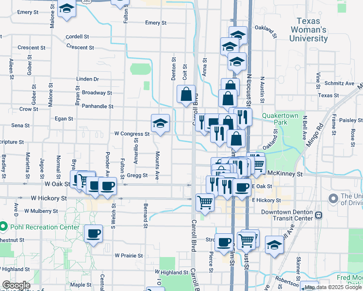 map of restaurants, bars, coffee shops, grocery stores, and more near 603 West Congress Street in Denton