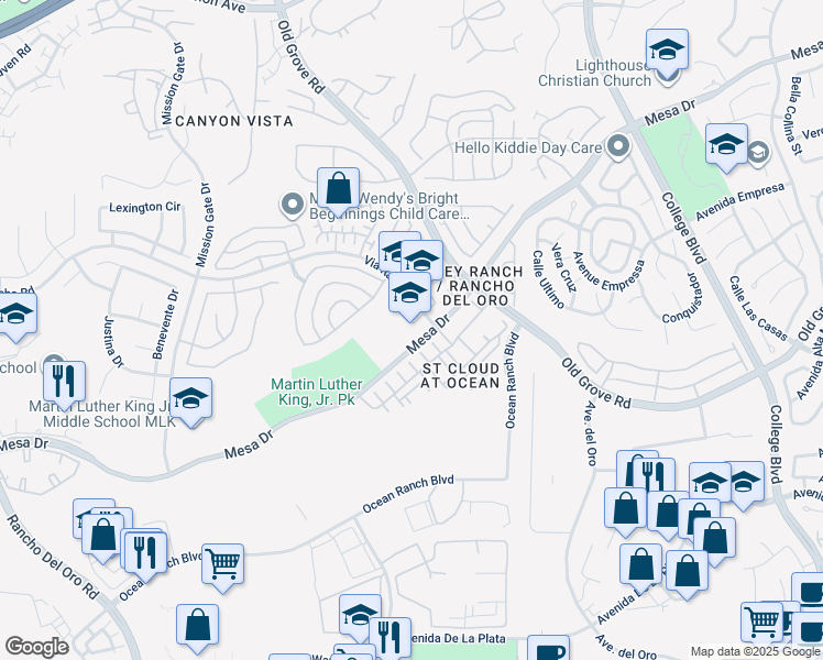 map of restaurants, bars, coffee shops, grocery stores, and more near 4275 Via Rancho Road in Oceanside