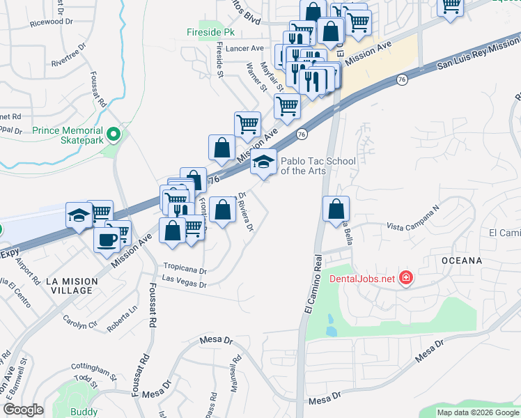 map of restaurants, bars, coffee shops, grocery stores, and more near 127 Flamingo Drive in Oceanside
