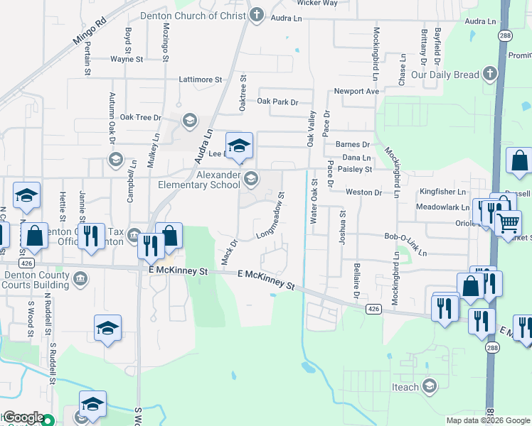 map of restaurants, bars, coffee shops, grocery stores, and more near 2319 Longmeadow Street in Denton