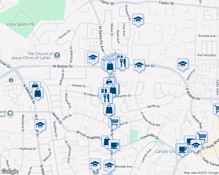 map of restaurants, bars, coffee shops, grocery stores, and more near 1338 North Santa Fe Avenue in Vista
