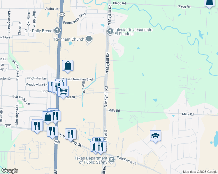 map of restaurants, bars, coffee shops, grocery stores, and more near 506 North Mayhill Road in Denton