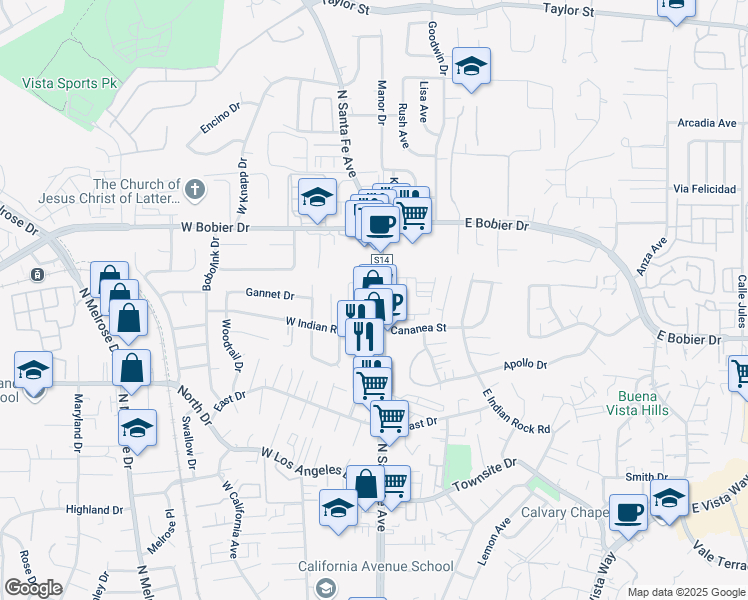map of restaurants, bars, coffee shops, grocery stores, and more near 1357 County Highway S14 in Vista