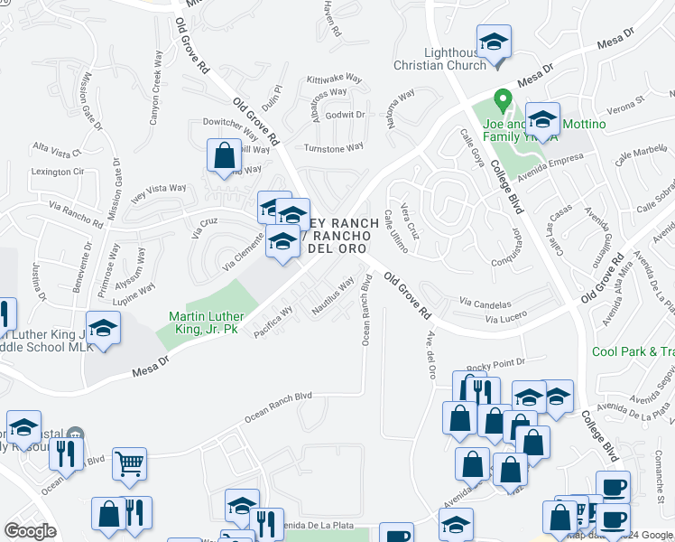 map of restaurants, bars, coffee shops, grocery stores, and more near 4369 Pacifica Way in Oceanside