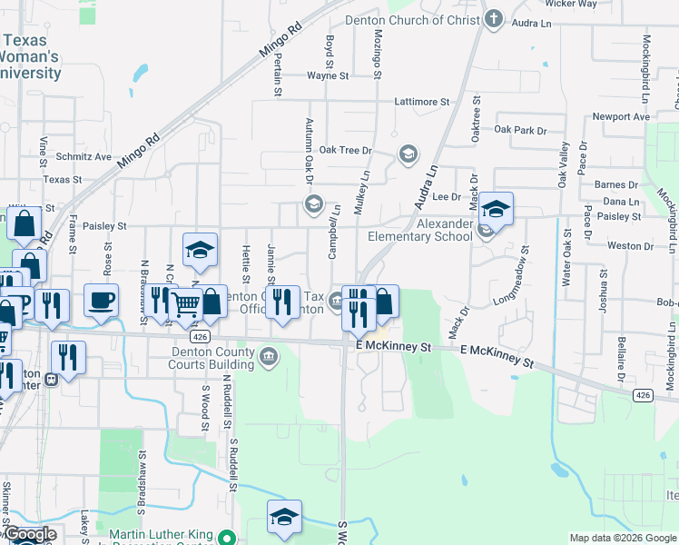 map of restaurants, bars, coffee shops, grocery stores, and more near 601 Mulkey Lane in Denton