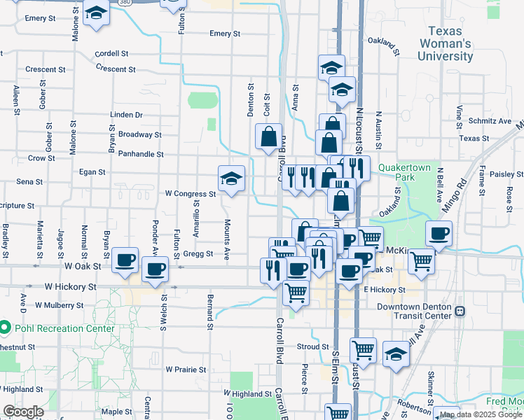 map of restaurants, bars, coffee shops, grocery stores, and more near 603 West Congress Street in Denton