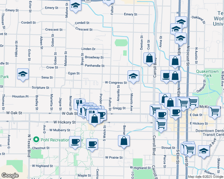 map of restaurants, bars, coffee shops, grocery stores, and more near 510 Fulton Street in Denton