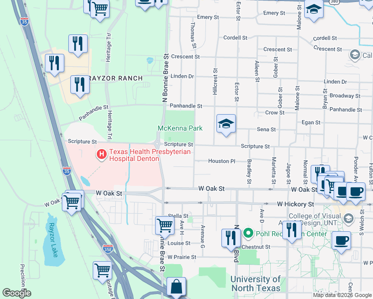 map of restaurants, bars, coffee shops, grocery stores, and more near 2271 Scripture Street in Denton