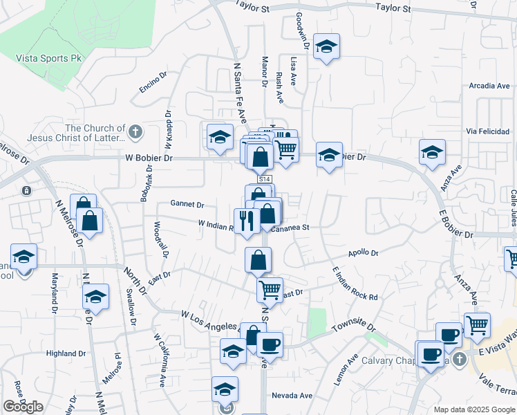 map of restaurants, bars, coffee shops, grocery stores, and more near 1338 North Santa Fe Avenue in Vista