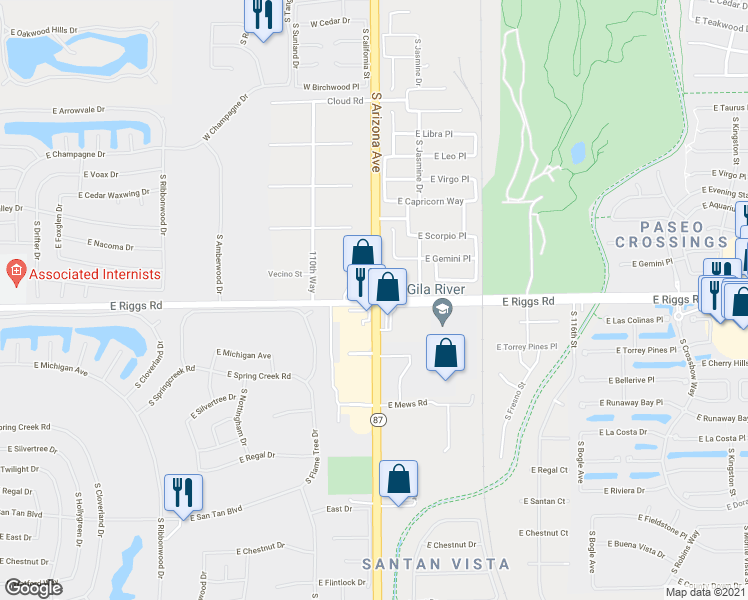 map of restaurants, bars, coffee shops, grocery stores, and more near S Arizona Ave & E Riggs Rd in Chandler