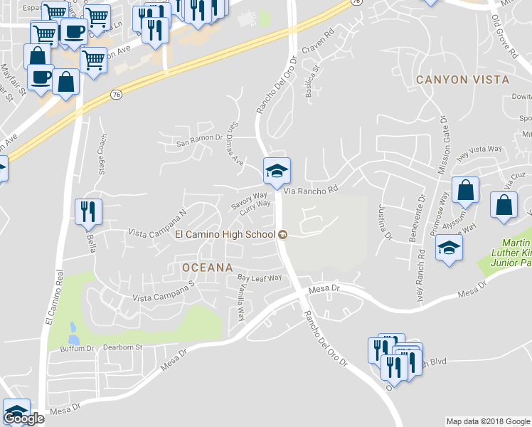 map of restaurants, bars, coffee shops, grocery stores, and more near 3818 Orange Way in Oceanside