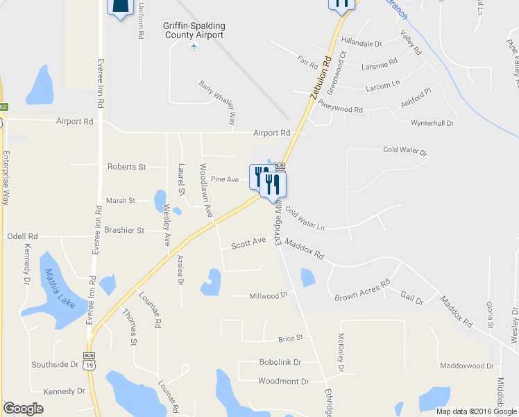 map of restaurants, bars, coffee shops, grocery stores, and more near 1210 Zebulon Road in Griffin