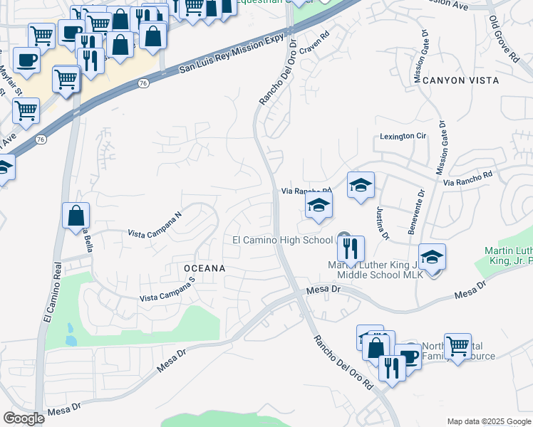map of restaurants, bars, coffee shops, grocery stores, and more near 3824 Orange Way in Oceanside