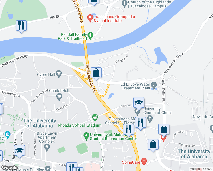 map of restaurants, bars, coffee shops, grocery stores, and more near 535 Jack Warner Parkway in Tuscaloosa