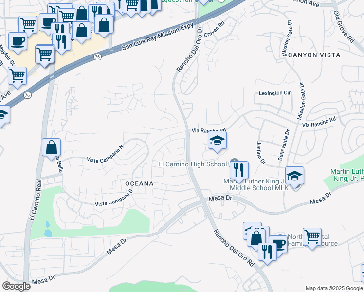 map of restaurants, bars, coffee shops, grocery stores, and more near 3824 Orange Way in Oceanside