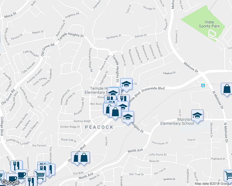 map of restaurants, bars, coffee shops, grocery stores, and more near 1529 Temple Heights Drive in Oceanside