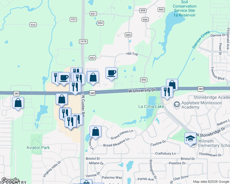 map of restaurants, bars, coffee shops, grocery stores, and more near 8700 West University Drive in McKinney