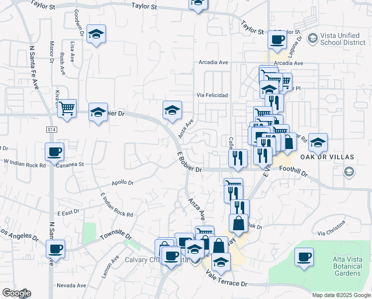 map of restaurants, bars, coffee shops, grocery stores, and more near 760 East Bobier Drive in Vista
